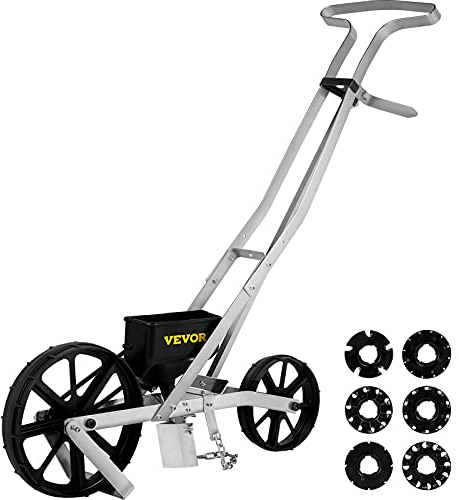 VEVOR Sembradora de Aluminio + ABS, 6 Placas de siembra, Perforadora de una Fila, 78-84 cm, Altura Ajustable, 6 cm, Rueda Delantera de 5 cm, Rueda Trasera, Ideal para Semillas como maíz, puerros,