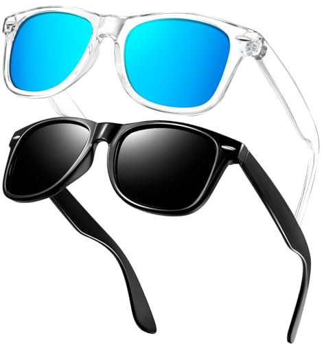 KANASTAL 2 Pack Transparent Blue Sunglasses Mens Polarised Womens Mirrored Tint Classic Vintage Travel Outdoor UV400 Protection - Clear Blue Lens + Shiny Black