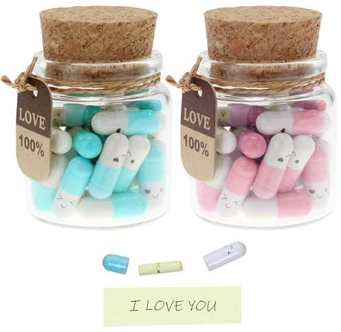 2 Pcs Capsule Letters Message Set, Valentines Day Gift for Her Him, Capsules in a Glass Bottles, Lovely Pill Notes, for Boyfriend Girlfriend (Light Blue/Pink)
