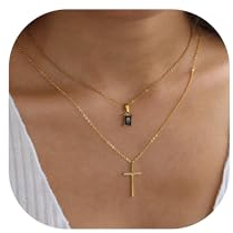 TINGN Kreuz Kette Damen, 14K Gold Vergoldete Layered CZ Kreuz Kette Personalisierte Halskette CZ Anhänger Gold Halskette Frauen Goldschmuck Damen