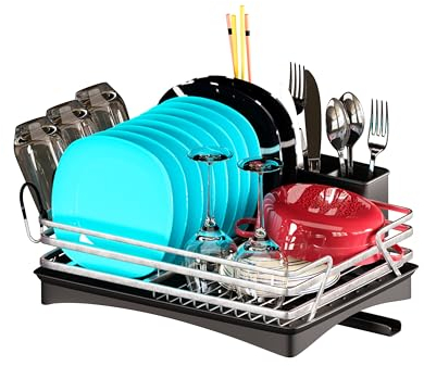 Bowlezz Escurreplatos sobre Fregadero Escurridor de Platos para Fregadero de Acero Inoxidable con Drenaje Automático, Organizador Cocina Fregadero Seca Platos Vajilla