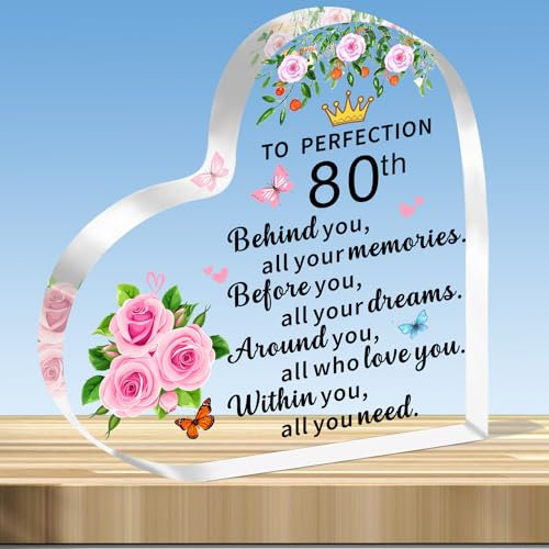 JMIMO 80th Birthday Gifts for Women Inspirational 80th Transparent Heart Shaped Acrylic Plaque Keepsake