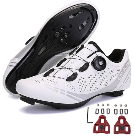 Treer Fahrradschuhe Herren Damen Rennradschuhe mit Cleats, SPD Schuhe Rennrad Schuhe Mountain Road Bikes Schuh Kompatibel Outdoor Radschuhe Fahrrad Indoor Spin 45 EU Weiß