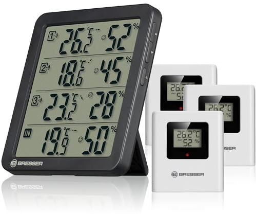 Bresser Quadro NV Thermo-Hygrometer mit 4 Messpunkten, integrierter Sensor und 3 Funksensoren, Smiley-Komfortindikator, Min/Max-Speicher, IP44, schwarz