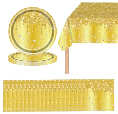 41 Pcs Shiny Glitter Diamond Party Tableware Set - Yellow Princess Plates, Napkins, Gold Tablecloth - Sparkling Dinnerware for Birthday, Baby Shower, Wedding