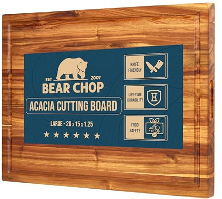 Bearchop Acacia Wood Cutting Boards for Kitchen, [20 x 15 x 1.25] Large Edge Grain Cutting Boards, Solid Wood Butcher Block Cutting Board with Juice Grooves and Handle,Knife Friendly and Reversible