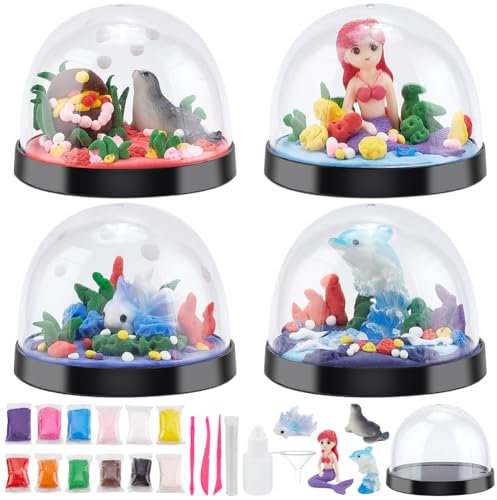 WEBEEDY DIY Meerjungfrau Thema Schneekugeln Kit 4 Sets Machen Sie Ihre Einigen unter dem Meer Wasser Globe Kit mit 4 Tiere Figuren 12 Packungen Modellierung Ton für Sculpting Crafts