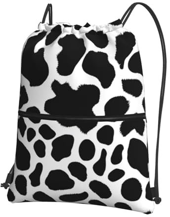 YYHWHJDE Rucksack mit Kuhfell-Aufdruck, hochwertiger Kordelzug, Reißverschluss, geeignet für Outdoor-Freizeit, 15,3 x 45,7 cm (L x H), Schwarz , One size