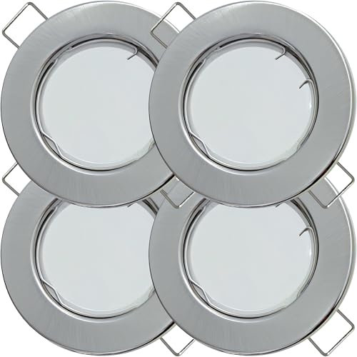 4er Set Flache Milchglas SMD LED Modul Einbauleuchten | Farbe Edelstahl gebürstet | 5W | 230V | Starr | Klemmring | LED Spots für die Decke bei wenig Einbautiefe | Wohnzimmer | Küche | Schlafzimmer