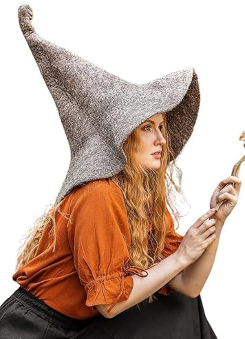 Leonardo Carbone® Hexenhut Glinda - Hexenkostüm, Mittelalter Kleidung Kopfbedeckung, Halloween Kostüm Damen, Witcher Hat, Zauberer Hut, LARP-Kleidung, Karneval, Cosplay - 100% Wolle Taupe