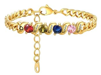 Custom4U Personalisierte Damen Panzerkette Armbänder Edelstahl mit 1-5 Namen/Geburtsstein Gravur 5mm breit Mutter Tochter Armband Silber/Gold 16cm+3cm lang Armreif Geschenke für Weihnachten Muttertag