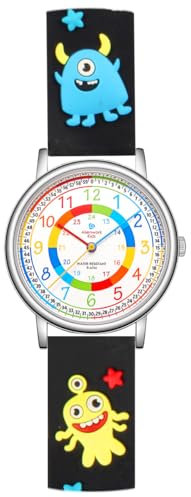 Alienwork Kids Lernuhr Kinderuhr Jungen Mädchen Silber Kautschuk-Armband Schwarz Mehrfarbig Kinder-Uhr Wasserdicht 5 ATM Zeit Lernen
