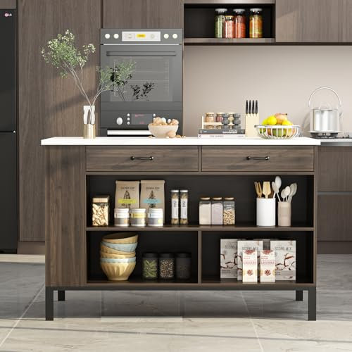 Isola da Cucina con Piano di Lavoro Marmorizzato - Mobile con 2 Cassetti, Tavolo da Colazione, Bar e Ripiani in MDF - 75 x 140 x 92 cm