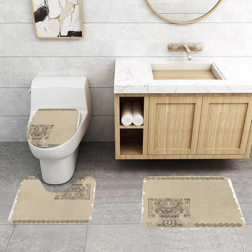 EMCLKS Badezimmermatten 3 Stück rutschfeste Badematte Teppiche, Badezimmer-Garnitur,U-förmiger Teppich,Indianer, Maya und Inka Stammessymbole Primitive Relikte der Aberglauben,Waschbar Matte