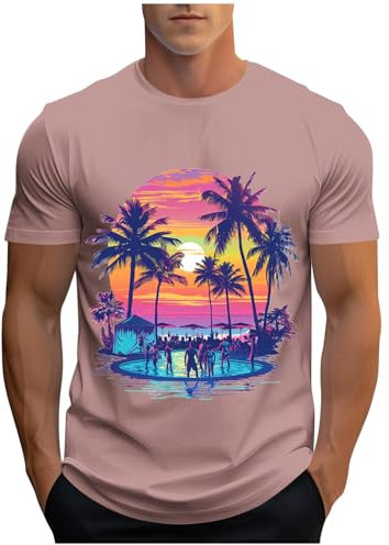UHouse Tee Shirt Homme Ete T-Shirt à Manches Courtes Teeshirt Hawaien Imprimé Décontracté Col Rond Streetwear Fin Cut Top Grande Taille Habit Coton Vetement Or Rose L