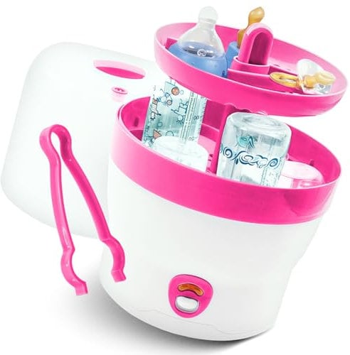 Babyruf BS 29b Sterilisator für Babyflaschen | Dampfsterilisator & Vaporisator | bis zu 6 Flaschen | Einfache Bedienung | Baby Erstausstattung Neugeborene | Flaschenreiniger | Baby Zubehör | weiß/pink