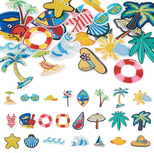 Crafans 23Pcs Summer Styles Cloth Iron on Patches Starfish/Coconut Tree Embroidery Patches Beach Theme Sewing on Craft Appliques Costume Accessories for Hats Shoes Shirts Jackets Backpacks