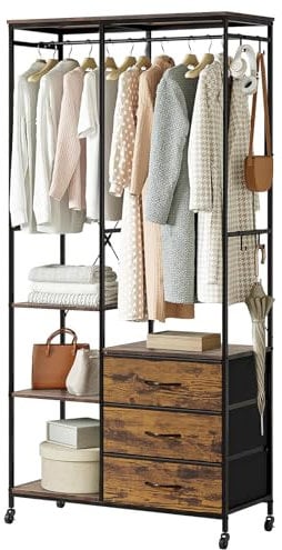 Mintnook Kleiderständer, Offener Kleiderschrank, Kleiderständer auf Rollen, Kleiderstange, Fahrbarer Kleiderständer mit Schubladen, Haken, Rollen & Verstellbare Regale, Rustikales Braun
