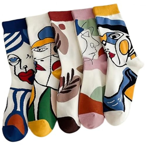 Luxylei 5 Paare/Satz Lustige Socken Abstrakte Ölgemälde Mittelrohr Baumwolle Socken Ästhetische Socken Kawaii Cartoon Crew Socken