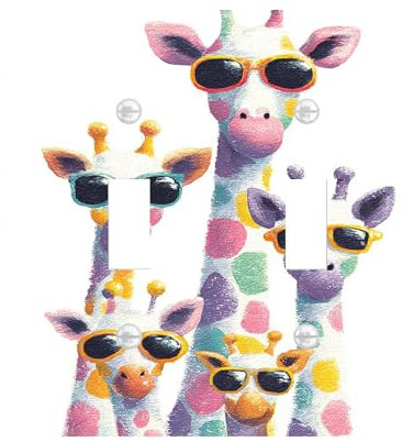 Bunte Giraffen-Lichtschalter-Abdeckplatten/Steckdosenabdeckungen, lustige Pastell-Tiere für Kinderzimmer, thermoplastische Wandplatten, Standardgröße Doppelknebel