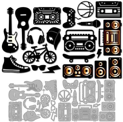 MAYJOYDIY Boombox Gitarre Metall Stanzformen Tonbandgerät Kassettenrekorder | Hip Hop Stanzschablone, Skateboard Karbonstahl Prägeschablonen, Für Scrapbooking Party Fotoalbum DIY Papierhandwerk
