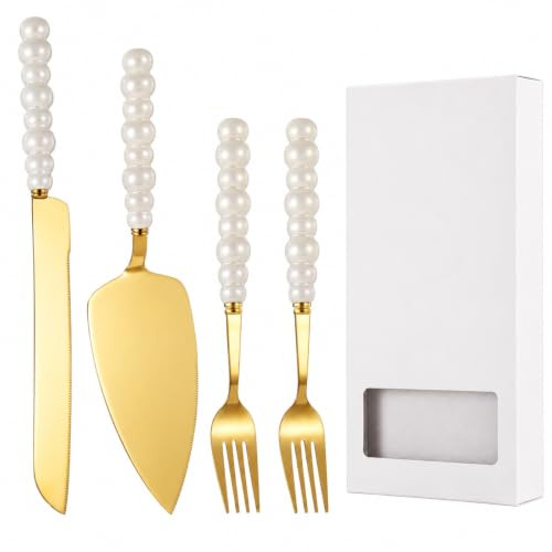 YOFAPA 4-teiliges Tortenservier-Set, Goldfarben, Edelstahl mit Perlenoptik | Mit Messer, Tortenheber, 2 Gabeln und Geschenkbox für Hochzeiten, Jubiläen, Geburtstage und Feiern