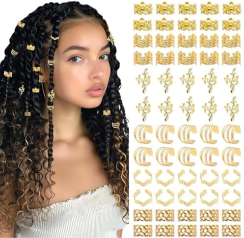 COYUN 60 Stück Teiliges Set Gold-Haarschmuck, Goldzopf-Haarschmuck, Dreadlocks-Accessoires für Männer, Frauen, Mädchen und Jungen