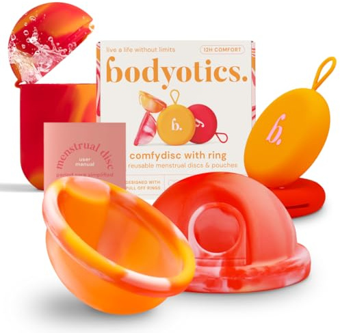 Bodyotics Dischi Mestruali S e L con Sterilizzatore, Rosso e Arancione | Set di dischi riutilizzabili con contenitore portatile in silicone per pulizia e conservazione, affidabile giorno e notte