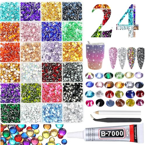 Resin Bedazzling Kit Rhinestones for Crafting, 24 Colors Silverback Bulk 3mm SS10 Flatback Bedazzle Beads, Non-Hotfix Nail Gems Bedazzler Rhinestone Kit with B7000 for DIY Art Crafts Decoration