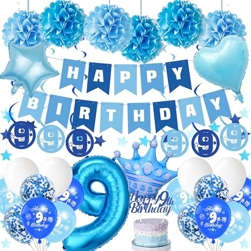 Geburtstag 9 Jahre Junge Luftballon - 35 StüCk Blau Partyzubehör Deko | Happy Birthday Banner Riesen Folienballon Zahl Geburtstagsdeko Girlande Tortendeko Pompons für 9. Jungen Geburtstagsdeko