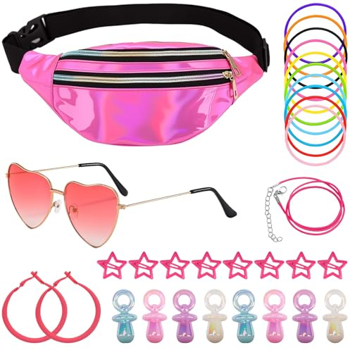 90er Jahre Outfit Damen, 31 Stück 90 80er Jahre Accessoires Set mit Bauchtasche, Herzbrille Rosa, Neon Armbänder, Ohrringe, Haarspangen,90er Jahre Party Damen Verkleidung für Malle Party, Karneval