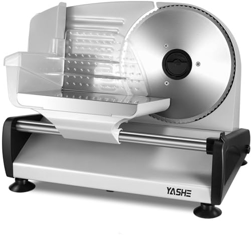 YASHE Allesschneider Elektrisch, 150W Brotschneidemaschine mit Abnehmbarer 19cm Edelstahlklinge, Einstellbare Schnittstärke 0–15mm, Sicherheitsverriegelung, Saugnapffüße für Fleisch, Käse und Brot