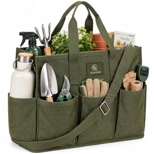 PRESEE Gardening Tool Bag with 9 Pockets & Shoulder Strap, Heavy Duty Garden Tool Organiser Tote, Green
