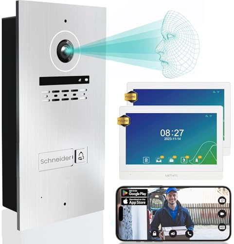 Mathfel 2-Draht Video Türsprechanlage mit Gesichtserkennung – WLAN Monitor, 2MP HD Kamera, 170° Weitwinkel, Türklingel mit Kamera & Türöffner für 1-Familienhaus (Silber, 2 x 10 Zoll)