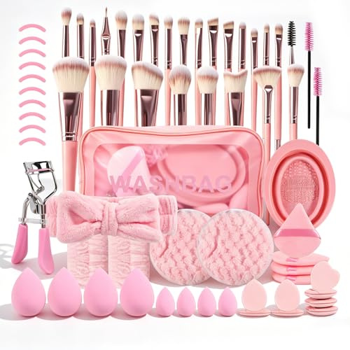 Gyism Lot de 65 pinceaux de maquillage professionnels avec sac - Pinceaux, éponges et accessoires de pinceaux de maquillage, multifonctionnels, pour les yeux et le visage, taille de voyage, super doux