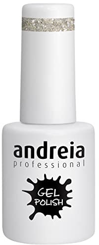 Andreia Semi-Permanent Nail Gel Polish for UV/LED Lamp - Intense Shine and 4 weeks Lasting French Manicure Nail Gel Varnish - Colour 254 Silver Glitter - Shades of Sparkly Gold - 10.5 ml