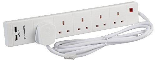 Ex-Pro 5 Gang Way 2m Metre 13A Mains Power Extension Socket Lead Cable 2 x USB Charge ports 2.4A 5v White