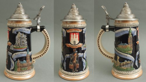 Bierkrug Hamburg Hummel 26x11 cm Bierseidel mit Zinndeckel ca. 0,5 Liter