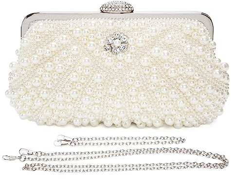 BAIGIO Pearl Clutch Bag for Women Wedding Bride Clutches Purse Vintage Rhinestone Beaded Evening Bag Ladies Prom Party Handbag White
