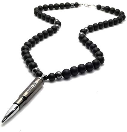 Herren Halskette Halbedelstein Onyx 10mm Hämatit 8mm Anhänger Patrone AK-47 Handmade/ALLA