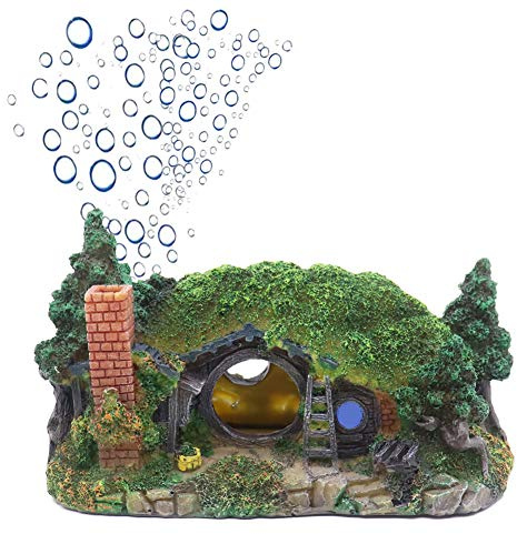 Ulifery Natürliche Aquariumdekoration Hobbithaus Höhle mit Bubbler für Betta Verstecken Reptilienloch Haus Unterschlupf Aquarium Ornament Steingarten Landschaftsbau Klein