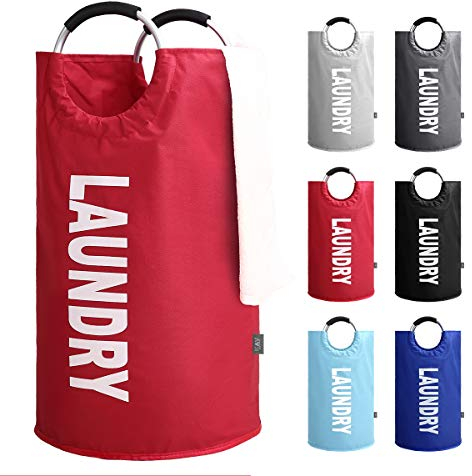 KAV Oxford Fabric Collapsible and Foldable Laundry Basket, Bag or Hamper - 82L Portable Linen Washing Bin with Rubber grip Aluminium Handles - Perfect for Bedrooms, Bathrooms, Playrooms (Red)