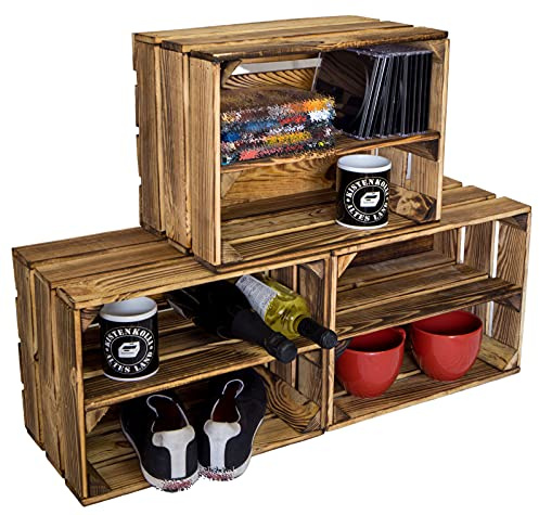 Schuhschrank Schuhregal aus geflammten Holzkisten Schuhablage Schuhständer Schuhaufbewahrung für Kinder und Erwachsene stabiles Regal in Obstkisten Optik (Geflammt klein 40x30x25cm, 3er set)