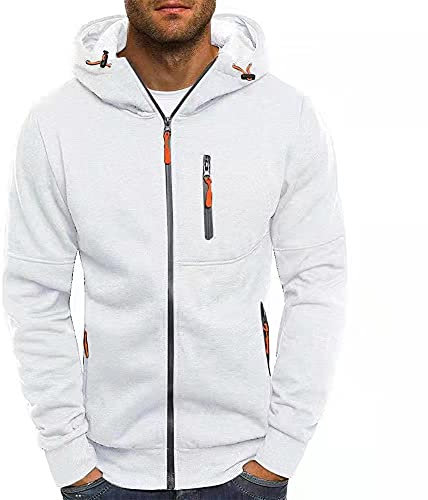 VANVENE Felpa con cappuccio da uomo a maniche lunghe con cerniera, bianco, L