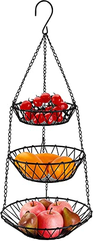 WUWEOT Obstkorb Hängend mit 3 Ebenen aus Robustem Draht 68cm Obstkorb zum Aufhängen Obst Hängekorb mit Längerer Individuell Einstellbar zu Aufhängen und Aufbewahrung für Obst Gemüse Schwarz