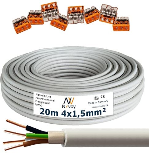 NYM-J 4x1,5 mm² 20m Mantelleitung Feuchtraumkabel mit 8 Stück WAGO Klemmen M100