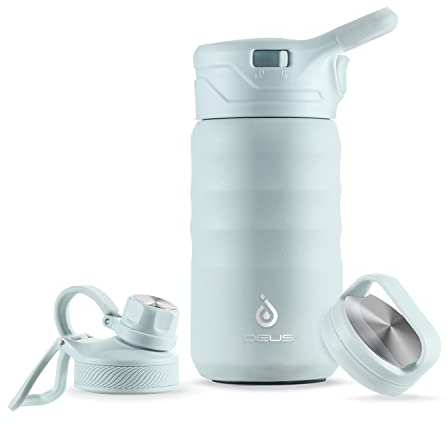 IDEUS Insulated Water Bottle with Straw 12 Oz (360 ml), with 3 Leak-Proof Wide Mouth Lids Stainless Steel Water Bottles, Keeps Hot & Cold, Great for Hiking & Biking, Light Blue