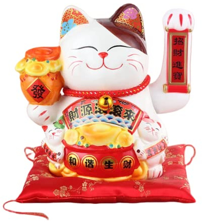 DongAi 10 White Ceramic Maneki Neko Lucky， Cat with Waving Arm，for Shops, Restaurants, Living Room -Shop Decorations Business Gift Present