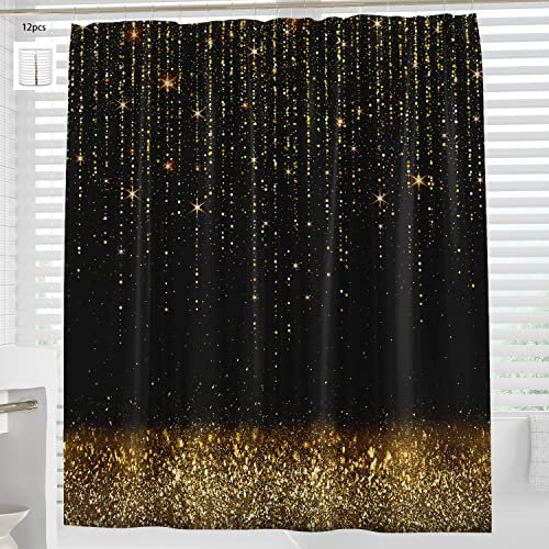 LATETOMT Gold Glitter Shower Curtain Gold Shining Bling Bathroom Shower Curtain with 12 Hooks Washable Waterproof 72x72 Inches LTMYL007 (No Sparkling)