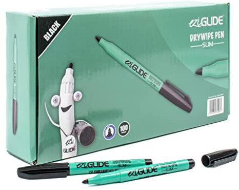 Eziglide Black Whiteboard Pens Slim Barrel, Classpack of 100 Black Ink Dry Wipe Pens for Whiteboard, Hard-wearing Fibre Medium Bullet Tips Whiteboard Pen for School, Office & Home Schooling Supplies